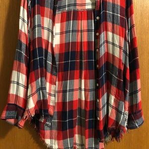 Aerie red white and blue flannel fringe bottom